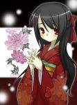  1girl black_hair blush bow closed_mouth flower hair_bow japanese_clothes kimono long_sleeves looking_at_viewer original own_hands_together ponytail red_bow red_eyes sash shiratama shiratama_yomogi smile solo wide_sleeves 