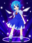  1girl blue blue_bow blue_dress blue_eyes blue_hair bow cirno dress female full_body futami_yayoi hair_bow looking_at_viewer open_mouth puffy_short_sleeves puffy_sleeves shoes short_hair short_sleeves smile socks solo standing the_embodiment_of_scarlet_devil touhou white_legwear wings 