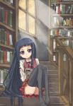  1girl ayase_yue blue_hair book bookshelf library long_hair mahou_sensei_negima! plaid plaid_skirt regu skirt thigh-highs zettai_ryouiki 