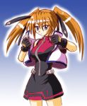  1girl blue_eyes fingerless_gloves gloves lyrical_nanoha mahou_shoujo_lyrical_nanoha mahou_shoujo_lyrical_nanoha_strikers orange_hair solo teana_lanster twintails wakabayashi_makoto 