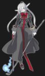  1girl androgynous black_background bow bowtie coat fantasy fire flame kurose kuze_(ira) long_hair looking_at_viewer original pale_skin pointy_ears red_bow red_bowtie red_eyes silver_hair simple_background solo standing twintails 