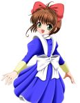  1girl 90s :d blue_dress brown_hair card_captor_sakura child clothes dress flipper from_behind green_eyes juliet_sleeves kinomoto_sakura long_hair long_sleeves looking_at_viewer looking_back open_mouth outstretched_arms puffy_long_sleeves puffy_sleeves simple_background smile solo 