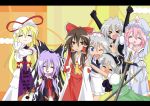  6+girls blonde_hair blue_eyes brown_hair dress female hakurei_reimu hat izayoi_sakuya katana konpaku_youmu lucky_star maid meimu motteke!_serafuku multiple_girls parody pink_hair purple_hair saigyouji_yuyuko silver_hair skirt sword touhou weapon yakumo_yukari 