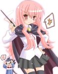  1boy 1girl anger_vein black_dress black_hair black_legwear dress frown hand_on_hip hijiri_rue hiraga_saito long_hair louise_francoise_le_blanc_de_la_valliere o_o panties pantyshot pentacle pink_eyes pink_hair ruzeygarg skirt thigh-highs underwear upskirt wand white_background zero_no_tsukaima 