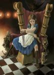  1girl alice_(wonderland) alice_in_wonderland american_mcgee&#039;s_alice apron board_game boots brown_hair checkered checkered_floor chess dress floor green_eyes gun jpeg_artifacts knife no_legwear perspective skull solo throne weapon 