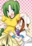  2girls blush breast_grab breasts brown_hair closed_eyes grabbing green_eyes green_hair hat higurashi_no_naku_koro_ni hug multiple_girls polka_dot polka_dot_background ponytail ribbon ryuuguu_rena shiratama shiratama_yomogi sonozaki_mion take_it_home yuri 