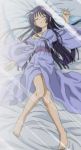  1girl barefoot blue_hair closed_eyes feet female hayate_no_gotoku! highres japanese_clothes kimono light_rays long_hair off_shoulder saginomiya_isumi screencap sleeping solo stitched sunbeam sunlight yukata 