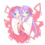  1girl hakama hiiragi_kagami hiiragi_tsukasa japanese_clothes kanikama lucky_star miko red_hakama siblings sisters solo twins 