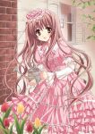  1girl :d brown_eyes brown_hair chin_strap dress flower frilled_dress frills garden holding leaning_forward lolita_fashion long_hair long_sleeves looking_at_viewer open_mouth original pink_dress ribbon-trimmed_clothes ribbon_trim smile solo sweet_lolita tulip very_long_hair watering_can window yukiwo 