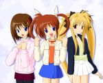  3girls :o black_legwear blonde_hair blue_skirt choker collarbone ebihara_kyousuke fate_testarossa green_shirt hair_ornament jacket long_sleeves looking_at_viewer lyrical_nanoha mahou_shoujo_lyrical_nanoha mahou_shoujo_lyrical_nanoha_a&#039;s multiple_girls open_clothes open_jacket orange_shirt pantyhose parted_lips pleated_skirt red_skirt shirt simple_background skirt sweater takamachi_nanoha twintails white_background white_skirt x_hair_ornament yagami_hayate 