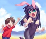  1boy 1girl aizawa_yuuichi animal_ears bunny_girl bunnysuit chasing field kanon kawasumi_mai oekaki pantyhose parody purple_legwear rabbit_ears zen 