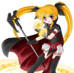  00s 1girl bardiche blonde_hair fate_testarossa flipper lyrical_nanoha mahou_shoujo_lyrical_nanoha solo thigh-highs twintails zettai_ryouiki 