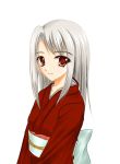 1girl fate/stay_night fate_(series) illyasviel_von_einzbern japanese_clothes kimono looking_at_viewer red_eyes ryuushou silver_hair simple_background solo unmoving_pattern white_background 