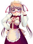  1girl adjusting_glasses apron breasts cleavage detached_collar dress glasses hand_on_hip long_sleeves looking_at_viewer maid maid_apron medium_breasts original red-framed_eyewear red-framed_glasses red_dress semi-rimless_glasses simple_background smile solo standing under-rim_glasses waist_apron white_background yurikuta_tsukumi 