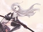  1girl armor boots elbow_gloves elf flower gloves grey_eyes kazuoki long_hair navel original pointy_ears silver_hair sitting solo sword thigh-highs thigh_boots weapon wind 