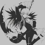  00s 1girl arm_up cross_print dress grey_background huge_weapon long_sleeves looking_at_viewer monochrome polearm pota pota_(nabrinko) rozen_maiden scythe simple_background solo suigintou unsheathed weapon wings 