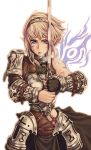  1girl armor asymmetrical_clothes blood blue_eyes face fantasy headband original solo sword tokunou_shoutarou weapon 