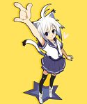  1girl \m/ ahoge animal_ears ankle_boots arm_up black_legwear blue_eyes boots cat_ears cat_tail heart original outstretched_arm pleated_skirt school_uniform serafuku short_hair skirt solo star tail takano_saki thigh-highs white_hair yellow_background zettai_ryouiki 