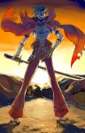  1boy bandage bodypaint cape full_body glasses kamina kamina_shades katana male_focus outdoors sandals sarashi shirtless sky solo sun sword tattoo tengen_toppa_gurren_lagann weapon 