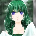  1girl blue_eyes glasses green green_background green_hair hair_over_shoulder long_hair minyo philia_felice rain round_glasses solo tales_of_(series) tales_of_destiny twintails wet 