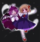  2girls animal_ears blonde_hair closed_eyes female futami_yayoi hair_ribbon hat multiple_girls mystia_lorelei necktie outstretched_arms pink_hair red_eyes ribbon rumia short_hair spread_arms touhou wings youkai 