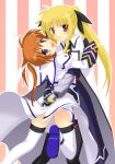  2girls blonde_hair cape fate_testarossa fingerless_gloves gauntlets gloves lyrical_nanoha magical_girl mahou_shoujo_lyrical_nanoha mahou_shoujo_lyrical_nanoha_strikers multiple_girls red_eyes saki_chisuzu single_glove takamachi_nanoha thigh-highs twintails violet_eyes waist_cape 