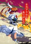  1girl bow brown_hair fingerless_gloves fire fujitama_(lose_dog) gloves hits jpeg_artifacts lyrical_nanoha magazine_(weapon) magical_girl mahou_shoujo_lyrical_nanoha mahou_shoujo_lyrical_nanoha_a&#039;s raising_heart red_bow redhead smoke solo takamachi_nanoha violet_eyes white_devil 