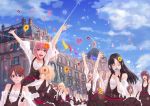  6+girls bare_shoulders building celebration clouds flag flower hamada_youho lens_flare multiple_girls original petals sky smile 