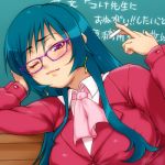  1girl blue_hair chalk chalkboard glasses green_hair hairu kotona_elegance lowres one_eye_closed solo teacher zoids zoids_genesis 
