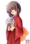  1girl :o blush brown_hair fan horns japanese_clothes kimono nishikawa_hiroyuki orange_eyes paper_fan short_hair signature solo uchiwa 