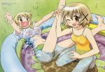  2girls :d ;d arm_up arms_up bangs barefoot bikini_bottom blonde_hair blush breasts brown_eyes brown_hair casual_one-piece_swimsuit crop_top feet flower grass hair_between_eyes hair_ornament hairclip hidamari_sketch highres itou_yoshiaki kneeling large_breasts legs legs_up lying megami midriff miyako multiple_girls navel official_art on_back one-piece_swimsuit one_eye_closed open_mouth outdoors partially_submerged pool scan shirt short_hair sidelocks small_breasts smile soles splashing spread_legs sunflower swimsuit t-shirt tied_shirt tiptoes wading_pool water wet wet_clothes wet_shirt wince wink yellow_eyes yuno 