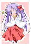  1girl border bow eating embarrassed hair_bow hakama hakama_skirt hiiragi_kagami japanese_clothes long_sleeves looking_at_viewer lucky_star miko paco red_bow red_hakama red_skirt sitting skirt solo surprised twintails wide_sleeves 
