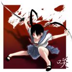  1girl black_hair blood downblouse glowing glowing_eyes hair_over_one_eye kantoku no_socks oneechanbara red_eyes saki_(oneechanbara) school_uniform serafuku solo stance sword twintails weapon 