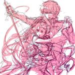  1boy 1girl code_geass cowboy_shot detached_sleeves dress euphemia_li_britannia holding holding_sword holding_weapon hug kururugi_suzaku long_hair long_sleeves monochrome outstretched_arms pink simple_background sword unsheathed very_long_hair weapon white_background 