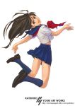  1girl blue_legwear brown_eyes brown_hair jumping kneehighs loafers long_hair open_mouth original pleated_skirt school_uniform serafuku shoes skirt solo youki_katsuhiko yuuki_katsuhiko 