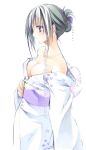  1girl bare_shoulders breasts cleavage green_hair izumi_yura japanese_clothes kimono large_breasts solo 