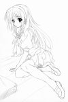  1girl arm_support blush face highres lineart loafers long_hair looking_at_viewer monochrome oppai_kenmin school_uniform serafuku shoes sitting solo 
