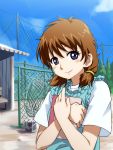  1girl ball bench blue_sky blush brown_hair bucket chain-link_fence closed_mouth clouds crossed_arms day fence low_twintails michael ookiku_furikabutte shinooka_chiyo shirt short_hair short_sleeves short_twintails sky smile solo tennis_ball twintails upper_body violet_eyes white_shirt 