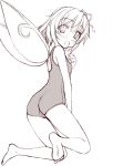  1girl barefoot blush daiyousei fairy feet female flat_chest looking_back monochrome one-piece_swimsuit open_mouth pink school_swimsuit short_hair sin-go sketch soles solo swimsuit the_embodiment_of_scarlet_devil touhou wings 