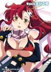  1girl asymmetric_gloves asymmetrical_gloves black_gloves breasts brown_eyes cleavage collarbone elbow_gloves fingerless_gloves gloves hair_ornament izumi_mahiru large_breasts looking_at_viewer midriff navel ponytail redhead scarf skull_hair_ornament solo stomach tengen_toppa_gurren_lagann yoko_littner 