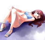  1girl adachi_yousuke bikini brown_hair high_heels legs long_hair lying on_back original shoes solo swimsuit violet_eyes 