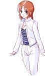  00s 1girl aida_yuu blue_shirt bow chains gem green_eyes gunslinger_girl looking_at_viewer pants petrushka redhead shirt short_hair smile solo striped striped_bow striped_shirt white_background white_coat white_pants 