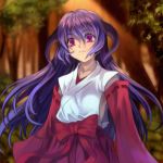  1girl hanyuu higurashi_no_naku_koro_ni horns japanese_clothes long_hair miko mutsuki_(moonknives) purple_hair red_hakama ryuukishi07 solo tree violet_eyes 