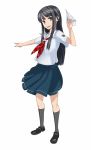  1girl :d black_legwear emblem futami_eriko kimi_kiss kneehighs loafers looking_at_viewer neckerchief open_mouth paper_airplane ryman school_uniform serafuku shirt shoes smile solo standing white_shirt 