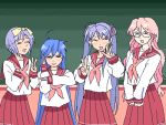  4girls ahoge bangs chalkboard glasses hiiragi_kagami hiiragi_tsukasa izumi_konata lowres lucky_star multiple_girls oekaki school_uniform serafuku siblings sisters takara_miyuki twins v 