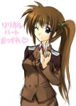  1girl blue_eyes brown_hair heart index_finger_raised kichiroku lyrical_nanoha mahou_shoujo_lyrical_nanoha mahou_shoujo_lyrical_nanoha_strikers military military_uniform one_eye_closed redhead side_ponytail simple_background solo takamachi_nanoha uniform violet_eyes white_background 