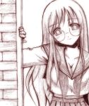  1girl breasts cleavage empty_eyes glasses graphite_(medium) head_tilt kinagi_yuu long_hair lucky_star monochrome pink pleated_skirt school_uniform serafuku skirt solo takara_miyuki traditional_media 