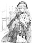  00s 1boy 1girl cross-laced_clothes dress fingerless_gloves frilled_sleeves frills gloves hairband hand_on_hip holding lolita_hairband long_hair looking_at_viewer monochrome paper rozen_maiden sitting sketch solo_focus suigintou sweatdrop text tousen very_long_hair 
