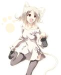  animal_ears bare_shoulders cat_ears holding holding_shoes open_mouth original putting_on_shoes satomi shoes thigh-highs 