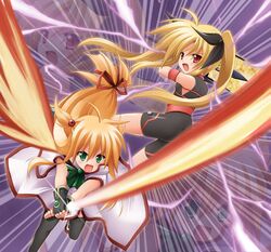  00s 2girls arisa_bannings bardiche burning_arisa fate_testarossa long_hair low-tied_long_hair lyrical_nanoha mahou_shoujo_lyrical_nanoha multiple_girls taka_(suigendou) taka_sui thigh-highs tied_hair zoom_layer 